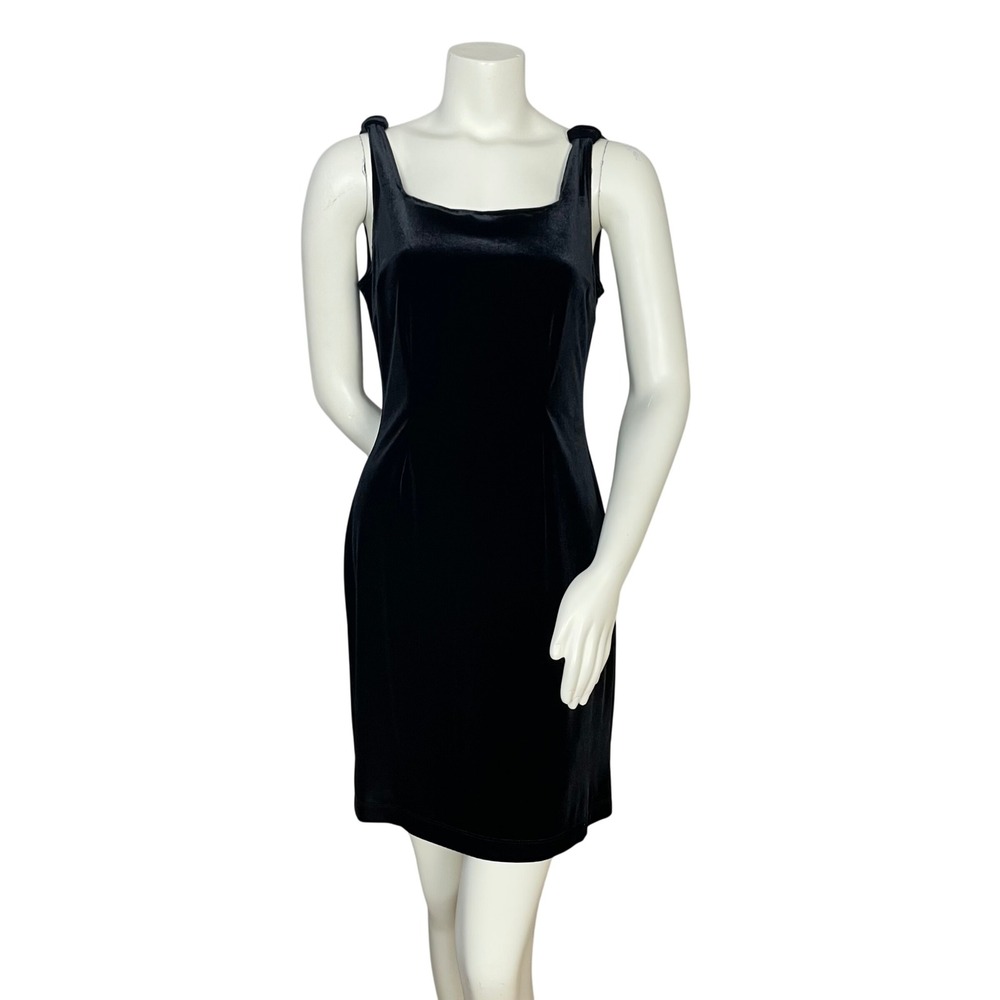 Vintage 90s Velvet Dress Knotted Straps Square Neckline Women Sheath Cocktail